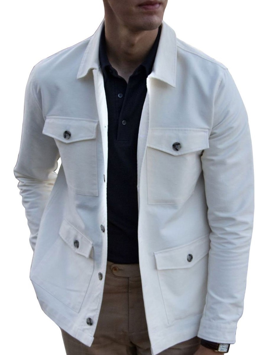 Men BXL Jacket | Men'S Solid Color Multi-Pocket Cotton Twill Casual Jacket White