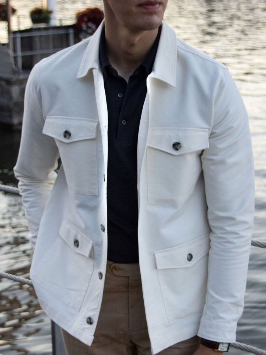 Men BXL Jacket | Men'S Solid Color Multi-Pocket Cotton Twill Casual Jacket White