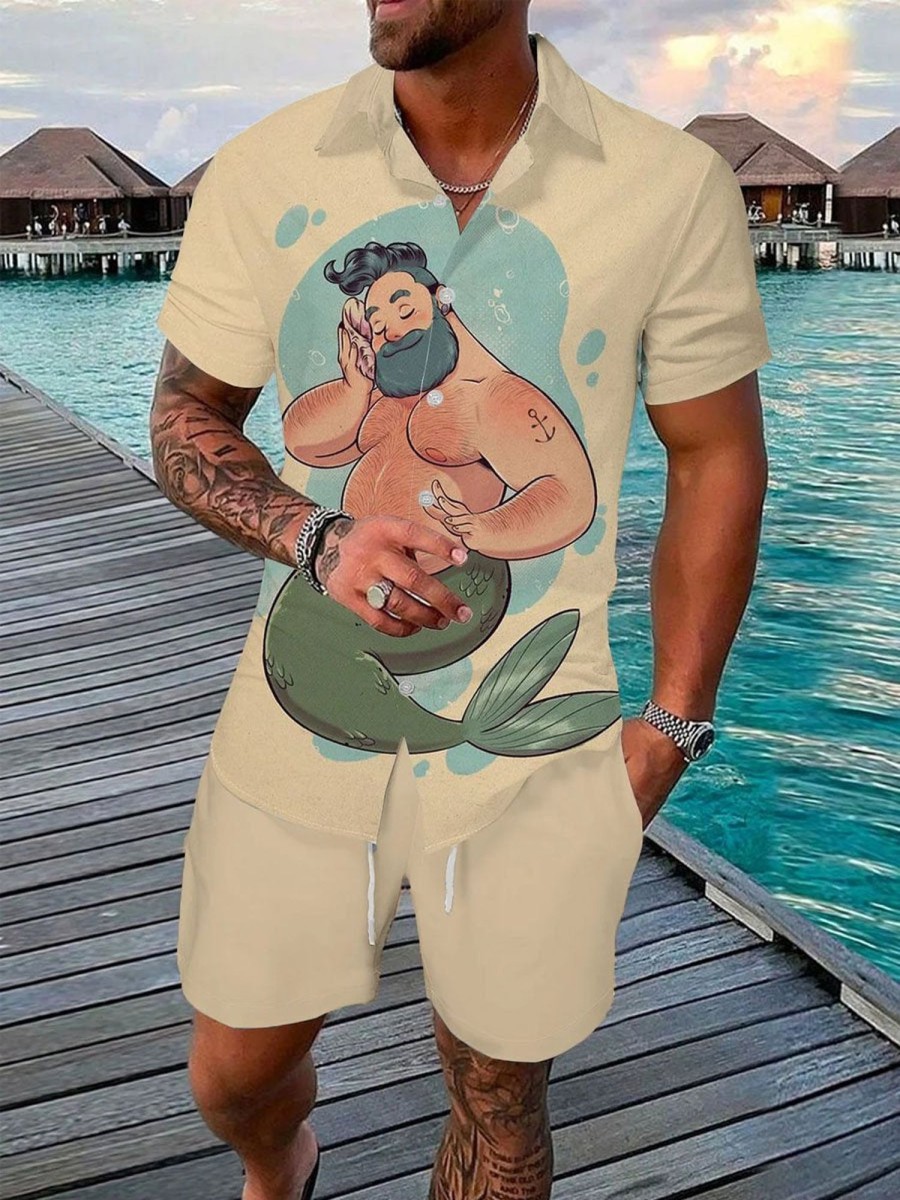 Men DJ Set | Fun Mermaid Print Short Sleeve Shirt Shorts Set Khaki