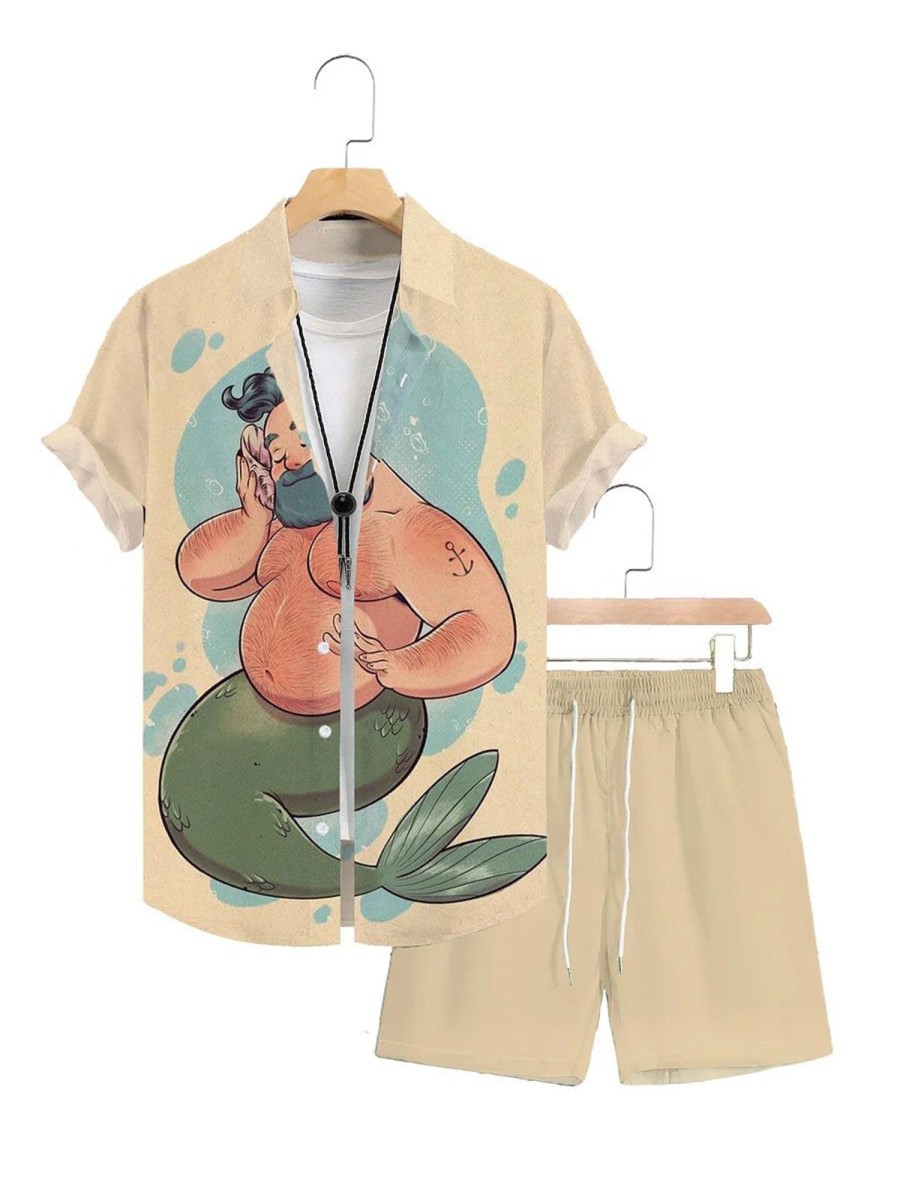 Men DJ Set | Fun Mermaid Print Short Sleeve Shirt Shorts Set Khaki