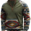 Men BXL T-Shirts | Men'S Casual Quarter-Zip Ethnic Print Fleece Sweatshirt 60692911Xl Grmy Green