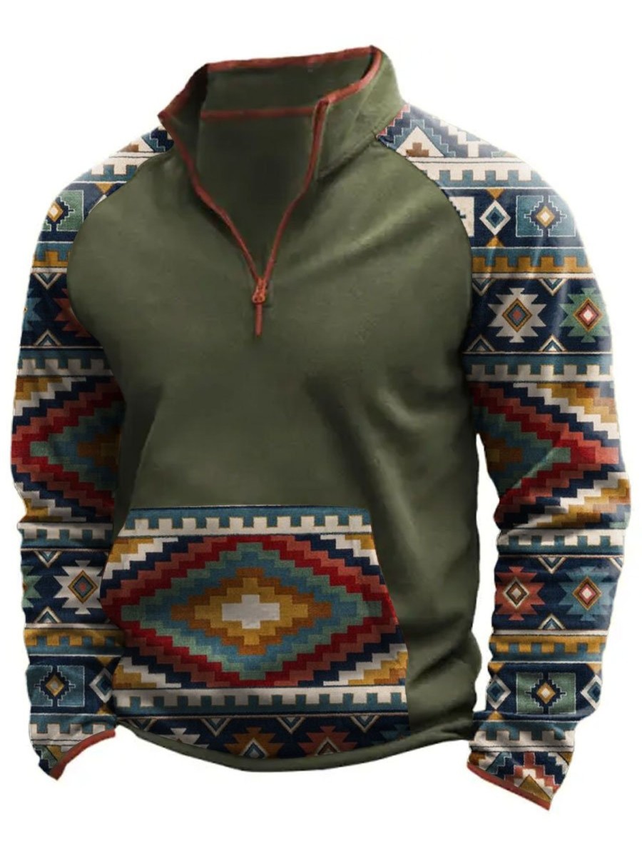 Men BXL T-Shirts | Men'S Casual Quarter-Zip Ethnic Print Fleece Sweatshirt 60692911Xl Grmy Green