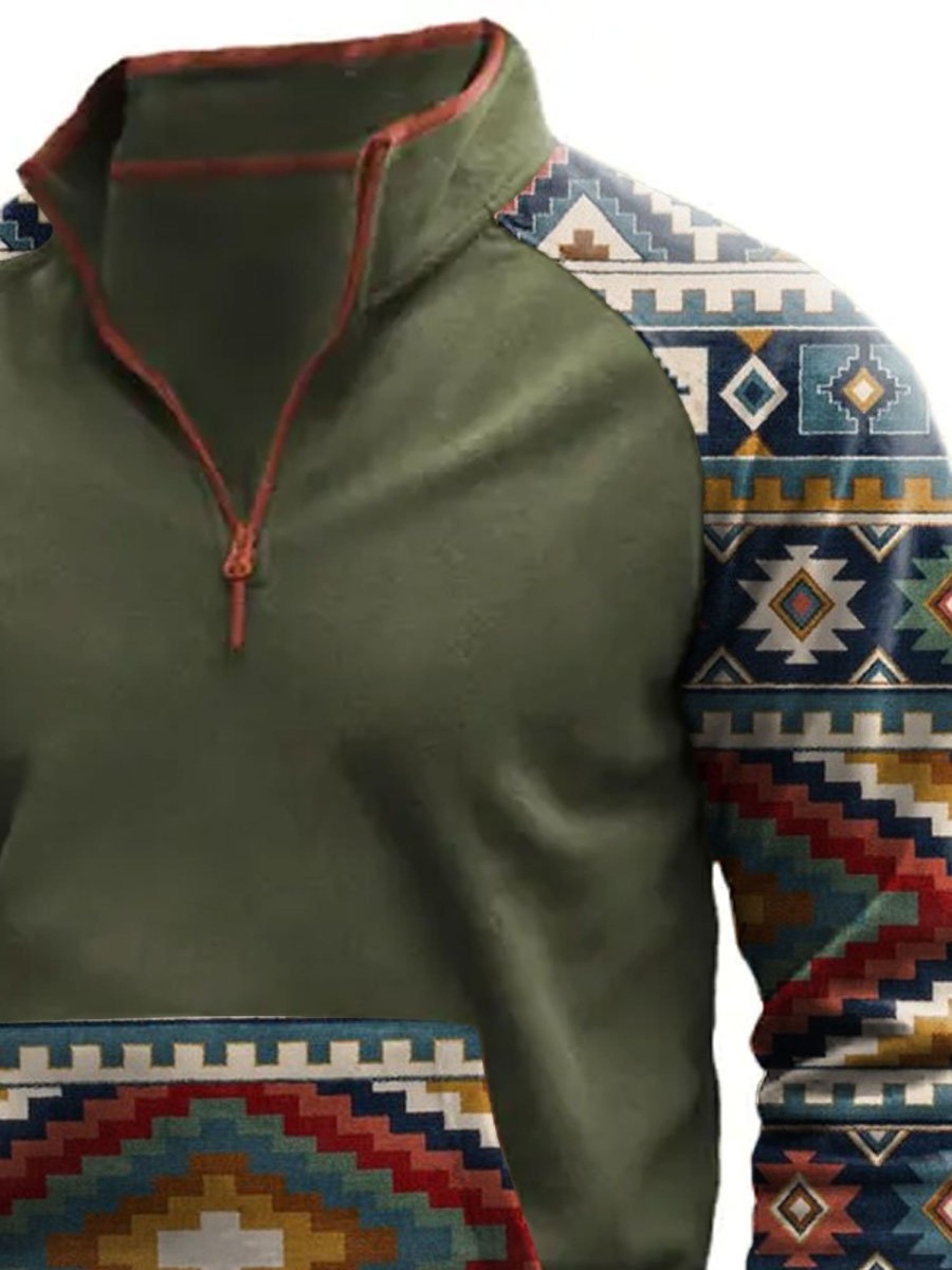 Men BXL T-Shirts | Men'S Casual Quarter-Zip Ethnic Print Fleece Sweatshirt 60692911Xl Grmy Green