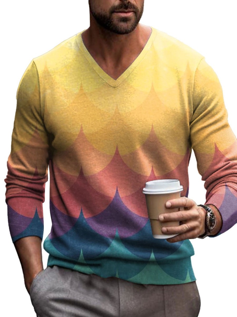 Men DJ Print Sweater | Gradient Print V-Neck Knitted Pullover Sweater Photo Color