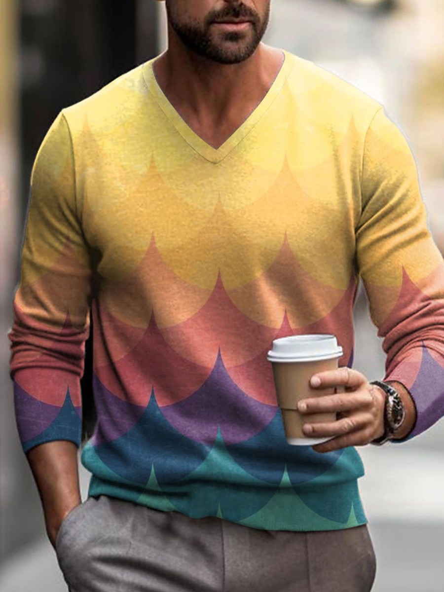 Men DJ Print Sweater | Gradient Print V-Neck Knitted Pullover Sweater Photo Color