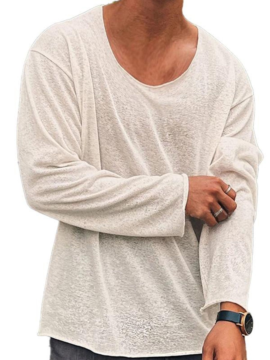 Men QMY Casual Long Sleeve Shirts | Lightweight Loose Round Neck T-Shirt Beige