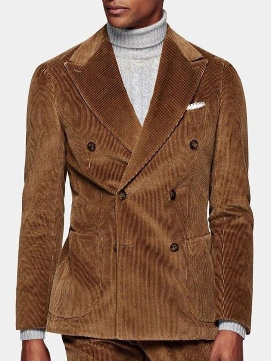 Men BXL Jacket | Men'S Vintage Solid Corduroy Double Breasted Pocket Casual Blazer Brown