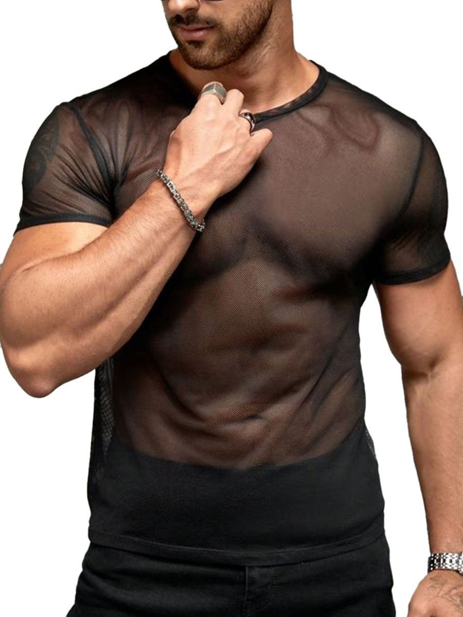 Men DJ Casual Short Sleeve Shirts | Sexy Casual Round Neck Short-Sleeved T-Shirt Black