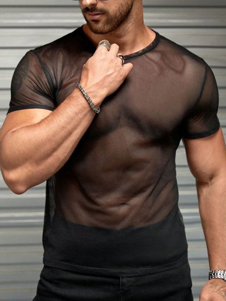 Men DJ Casual Short Sleeve Shirts | Sexy Casual Round Neck Short-Sleeved T-Shirt Black