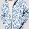 Men GYJ T-Shirts | Simple Water Wave Pattern Pocket Hooded Cardigan Sweatshirt Blue