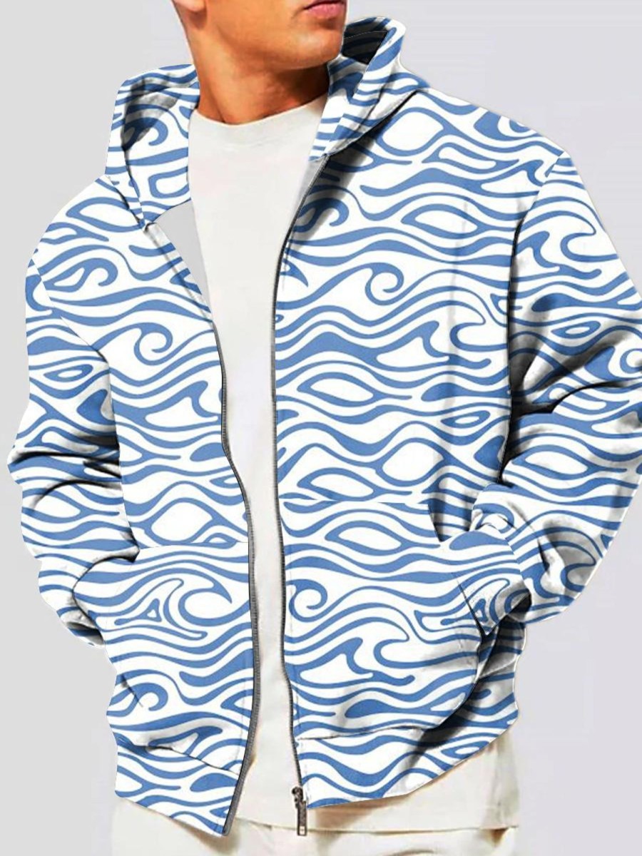 Men GYJ T-Shirts | Simple Water Wave Pattern Pocket Hooded Cardigan Sweatshirt Blue