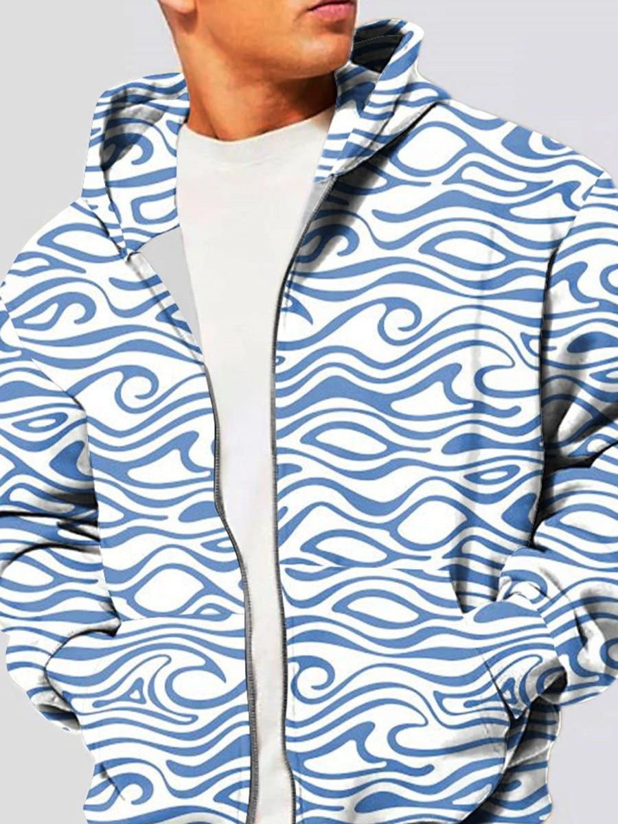 Men GYJ T-Shirts | Simple Water Wave Pattern Pocket Hooded Cardigan Sweatshirt Blue