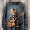 Men DJ Print Sweater | Cat Playing Guitar Print Casual Crew Neck Knitted Pullover Sweater Navy