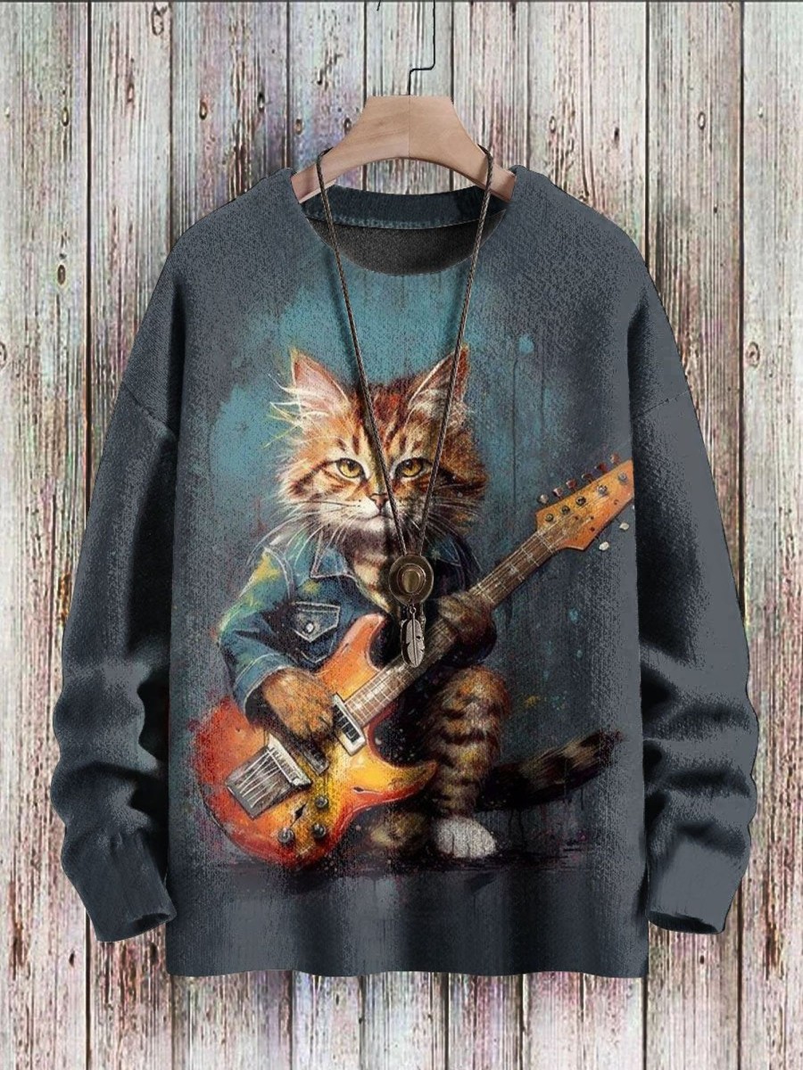 Men DJ Print Sweater | Cat Playing Guitar Print Casual Crew Neck Knitted Pullover Sweater Navy