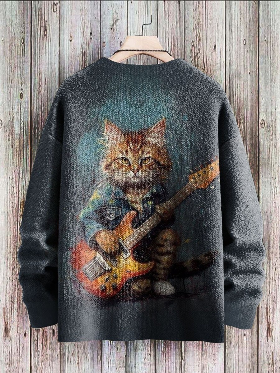 Men DJ Print Sweater | Cat Playing Guitar Print Casual Crew Neck Knitted Pullover Sweater Navy