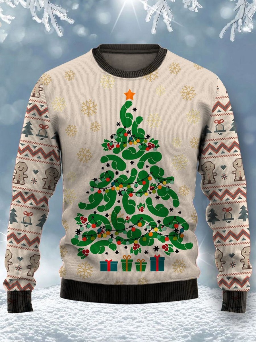 Men DJ Ugly Sweater | Cocks Christmas Tree Print Crew Neck Sweatshirt Khaki