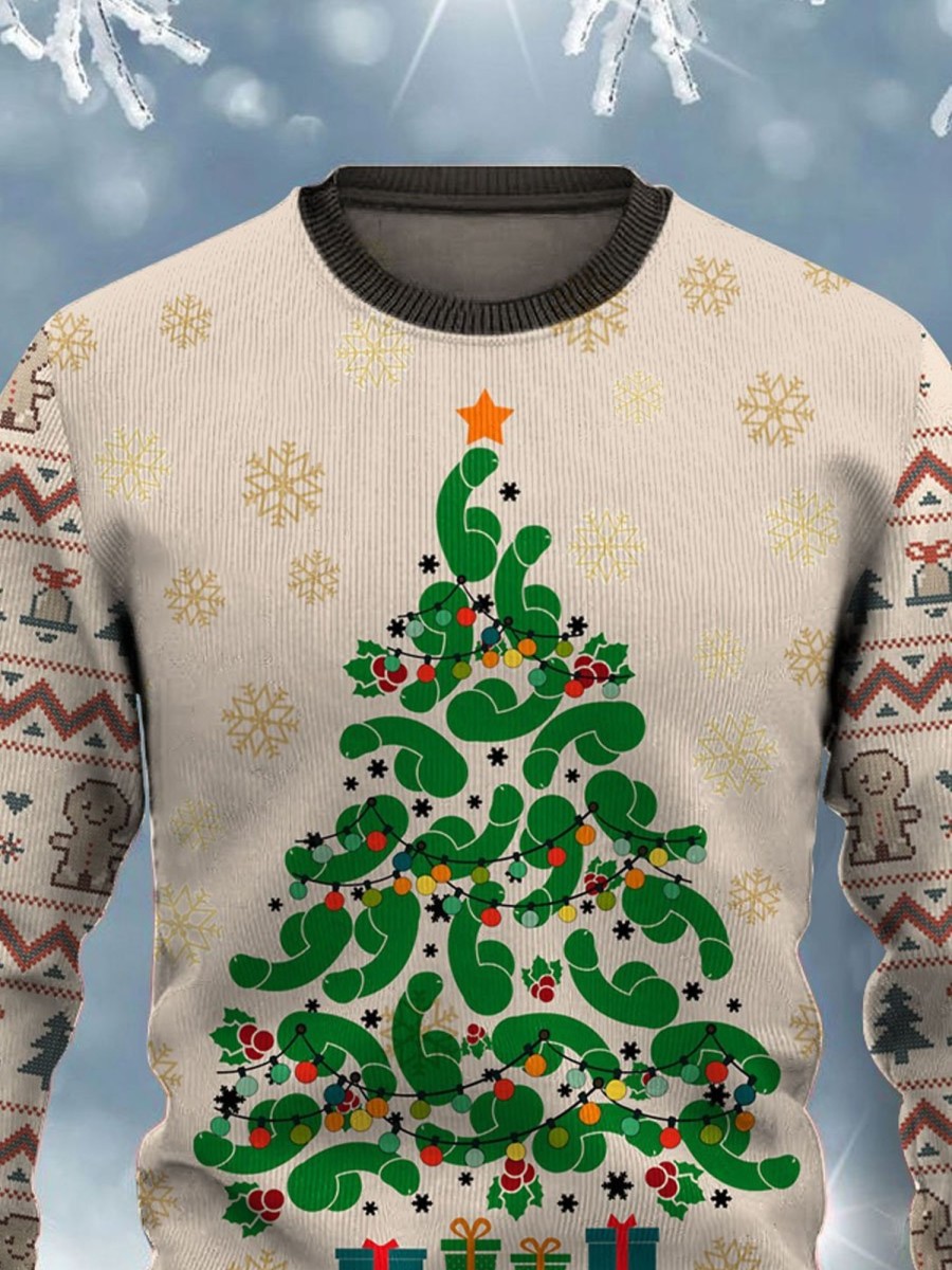 Men DJ Ugly Sweater | Cocks Christmas Tree Print Crew Neck Sweatshirt Khaki