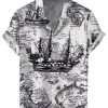 Men HLJ Shirts | Vintage Nautical Map Print Easy Care Hawaii Aloha Shirt White