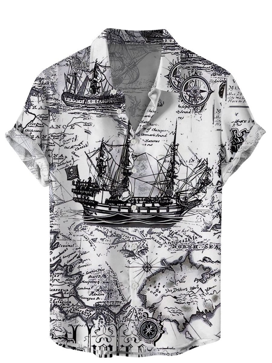 Men HLJ Shirts | Vintage Nautical Map Print Easy Care Hawaii Aloha Shirt White