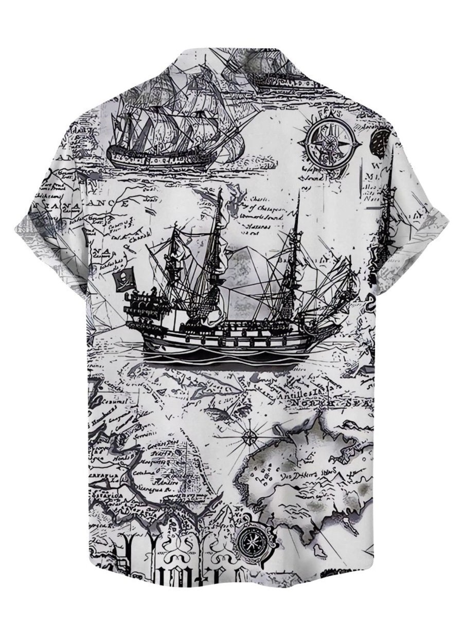 Men HLJ Shirts | Vintage Nautical Map Print Easy Care Hawaii Aloha Shirt White