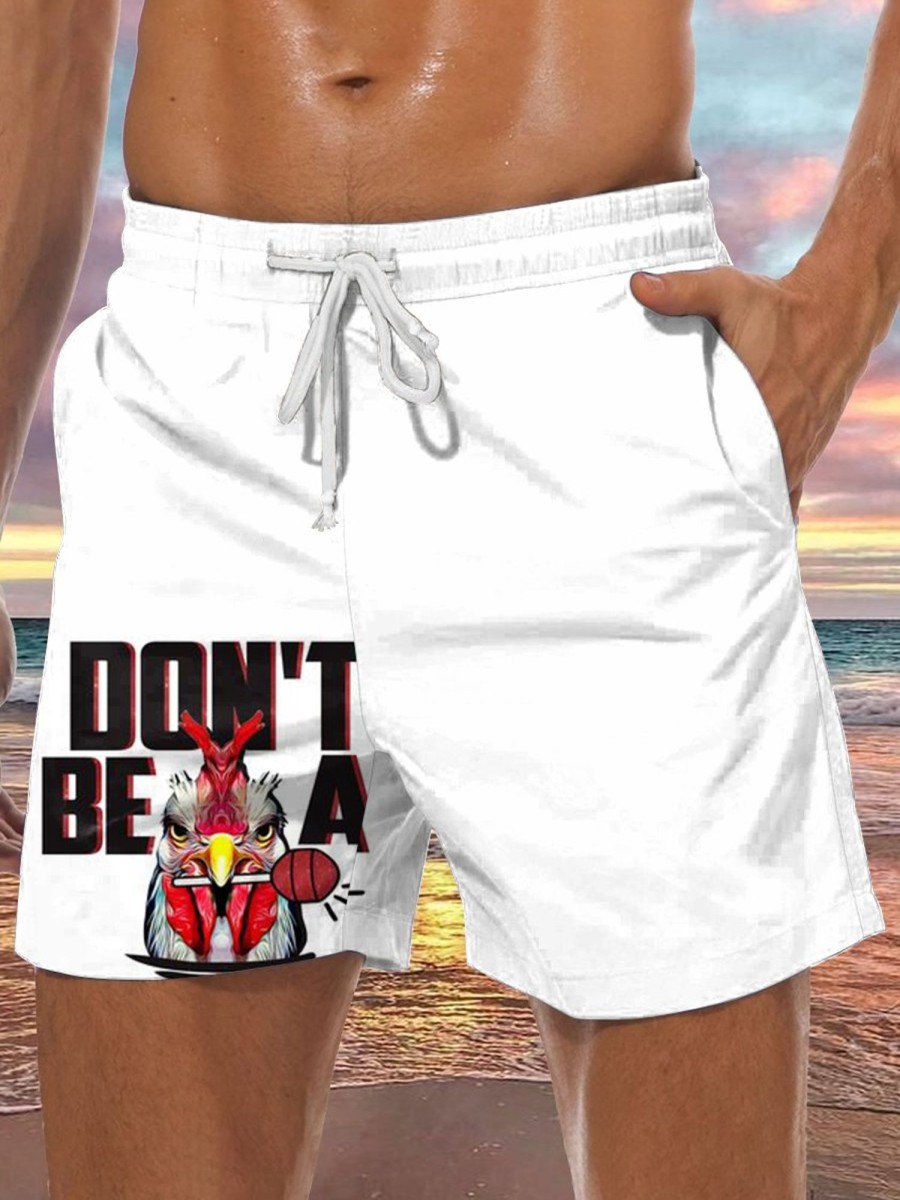 Men LJC Bottoms | Rooster Lollipop Print Hawaiian Track Shorts White