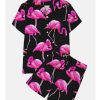 Men DJ Set | Hawaiian Flamingo Men'S Button Down Pocket Two-Piece Shirt And Shorts Set Black