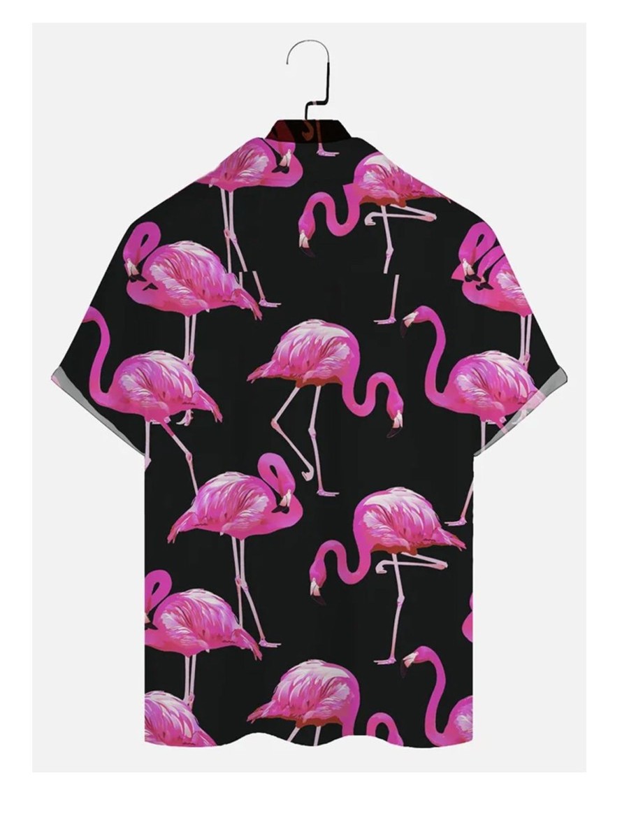 Men DJ Set | Hawaiian Flamingo Men'S Button Down Pocket Two-Piece Shirt And Shorts Set Black