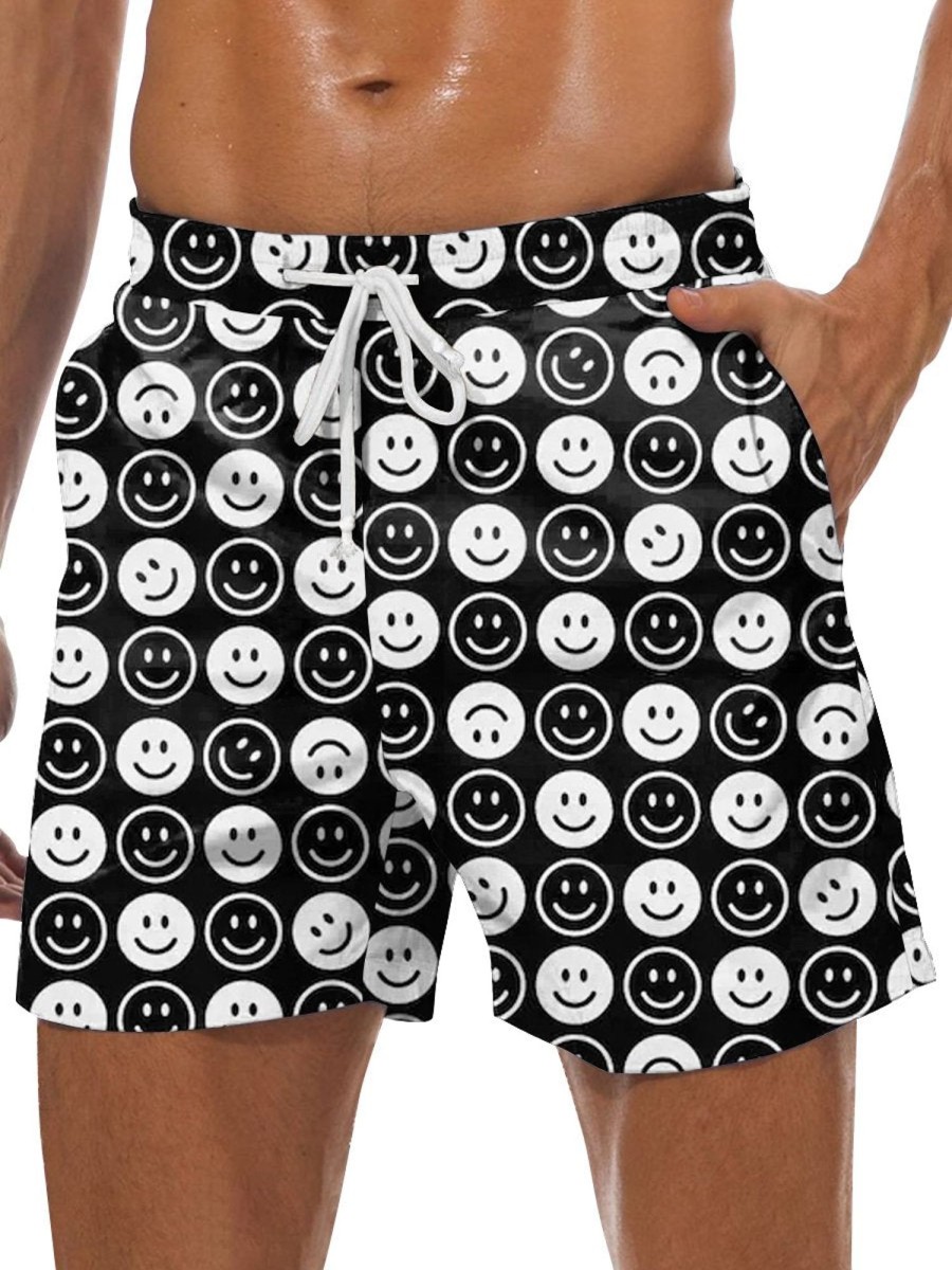 Men DJ Bottoms | And White Smiley Print Double Pocket Lace-Up Shorts Black