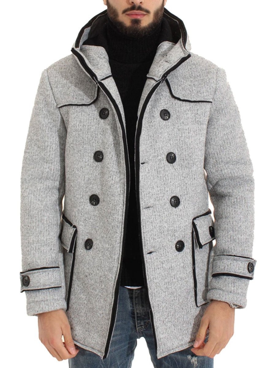 Men BXL Jacket | Men'S Thermal Cotton Double Breasted Hooded Casual Coat Gray