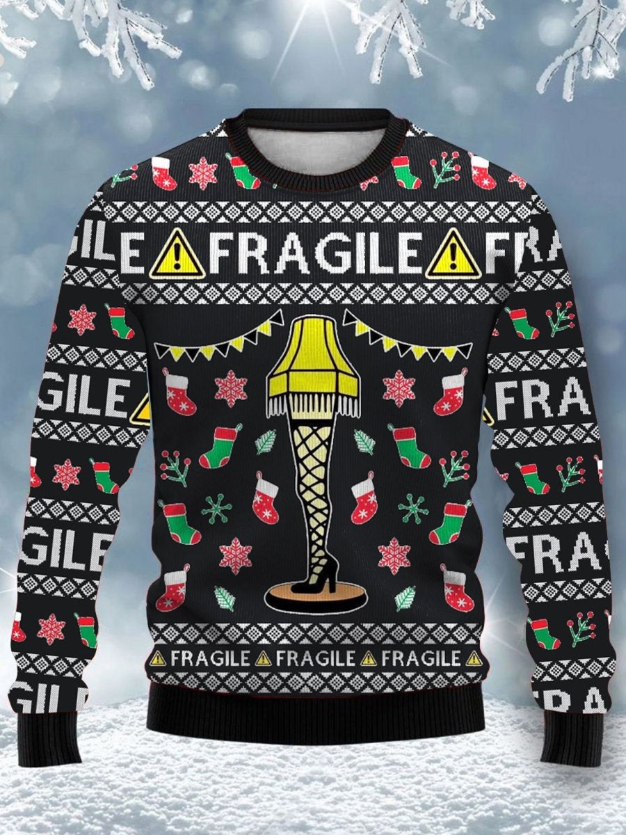 Men DJ Ugly Sweater | Christmas Fragile Lamp Print Casual Crewneck Sweatshirt Black