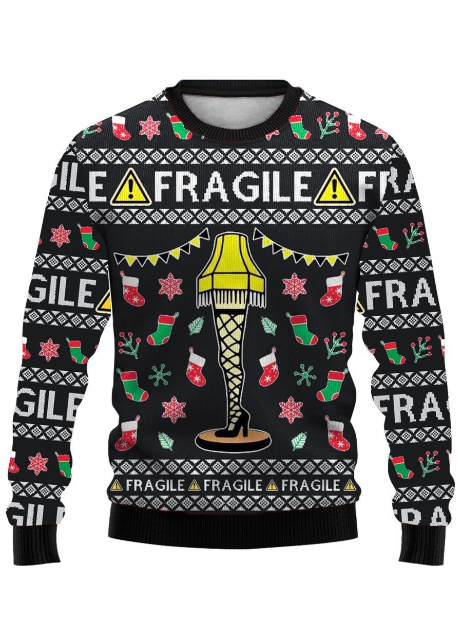 Men DJ Ugly Sweater | Christmas Fragile Lamp Print Casual Crewneck Sweatshirt Black