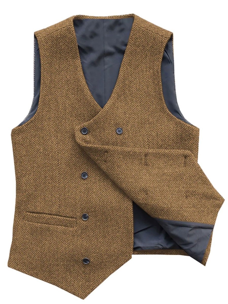 Men BXL Vest | Men'S Vintage Herringbone Wool Double-Breasted Casual Suit Vest Khaki