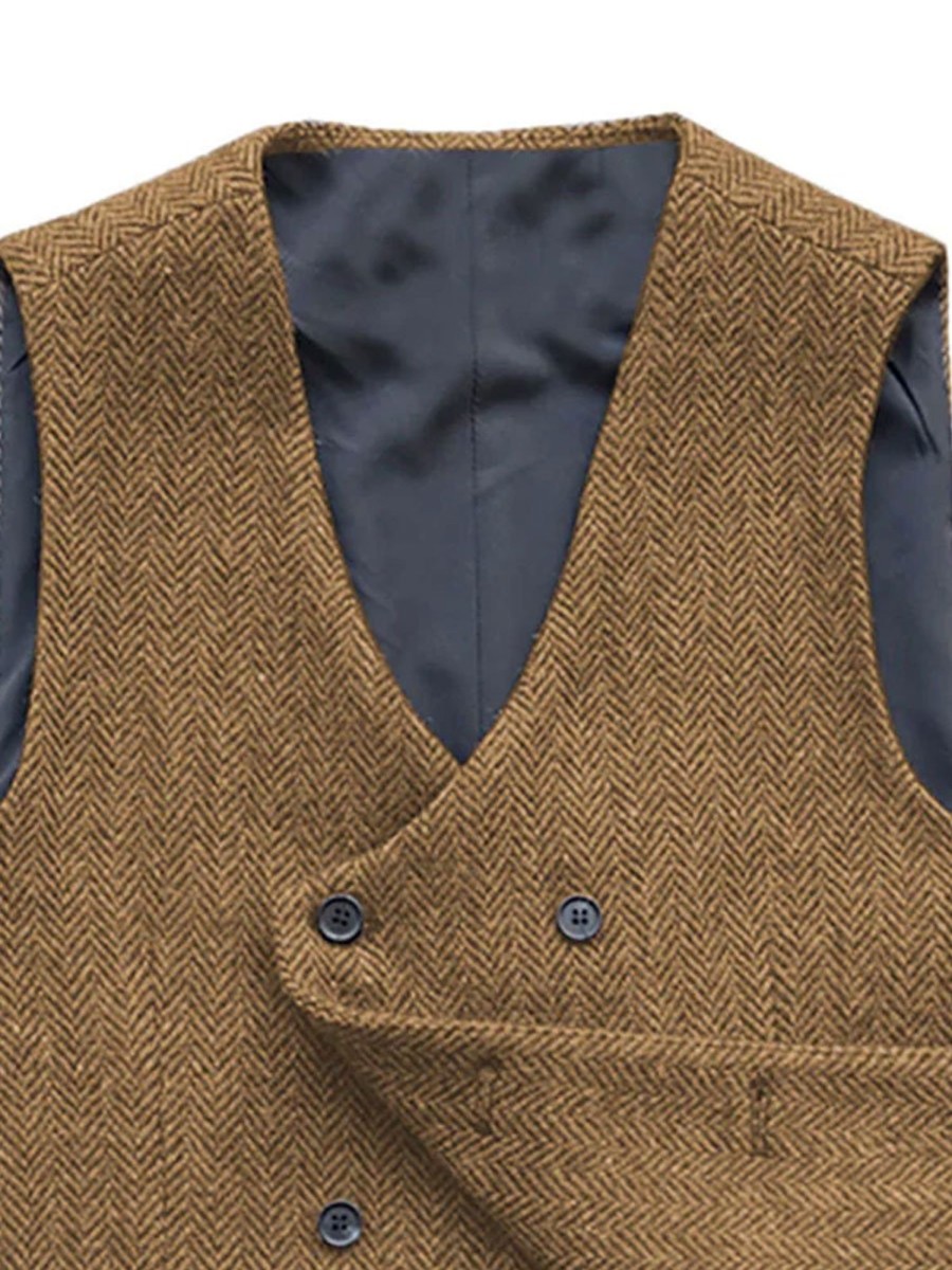 Men BXL Vest | Men'S Vintage Herringbone Wool Double-Breasted Casual Suit Vest Khaki