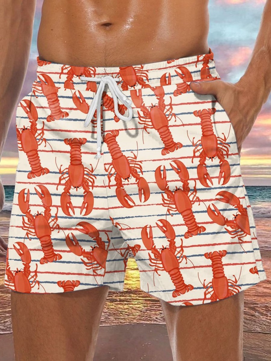 Men HLJ Shorts | Lobster Stripe Drawstring Board Shorts Apricot