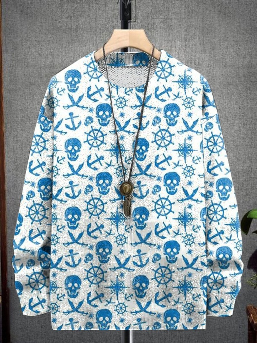 Men GYJ Print Sweater | Men'S Anchor Skull Print Crew Neck Knit Sweater Blue