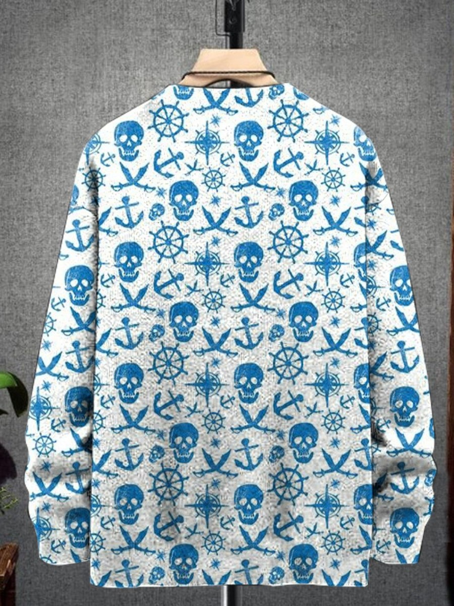 Men GYJ Print Sweater | Men'S Anchor Skull Print Crew Neck Knit Sweater Blue