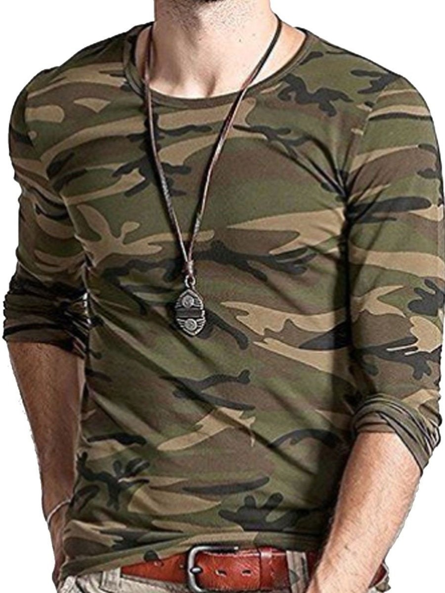 Men DJ Casual Shirts | Crew Neck Camouflage Print Casual Long Sleeve T-Shirt Army Green