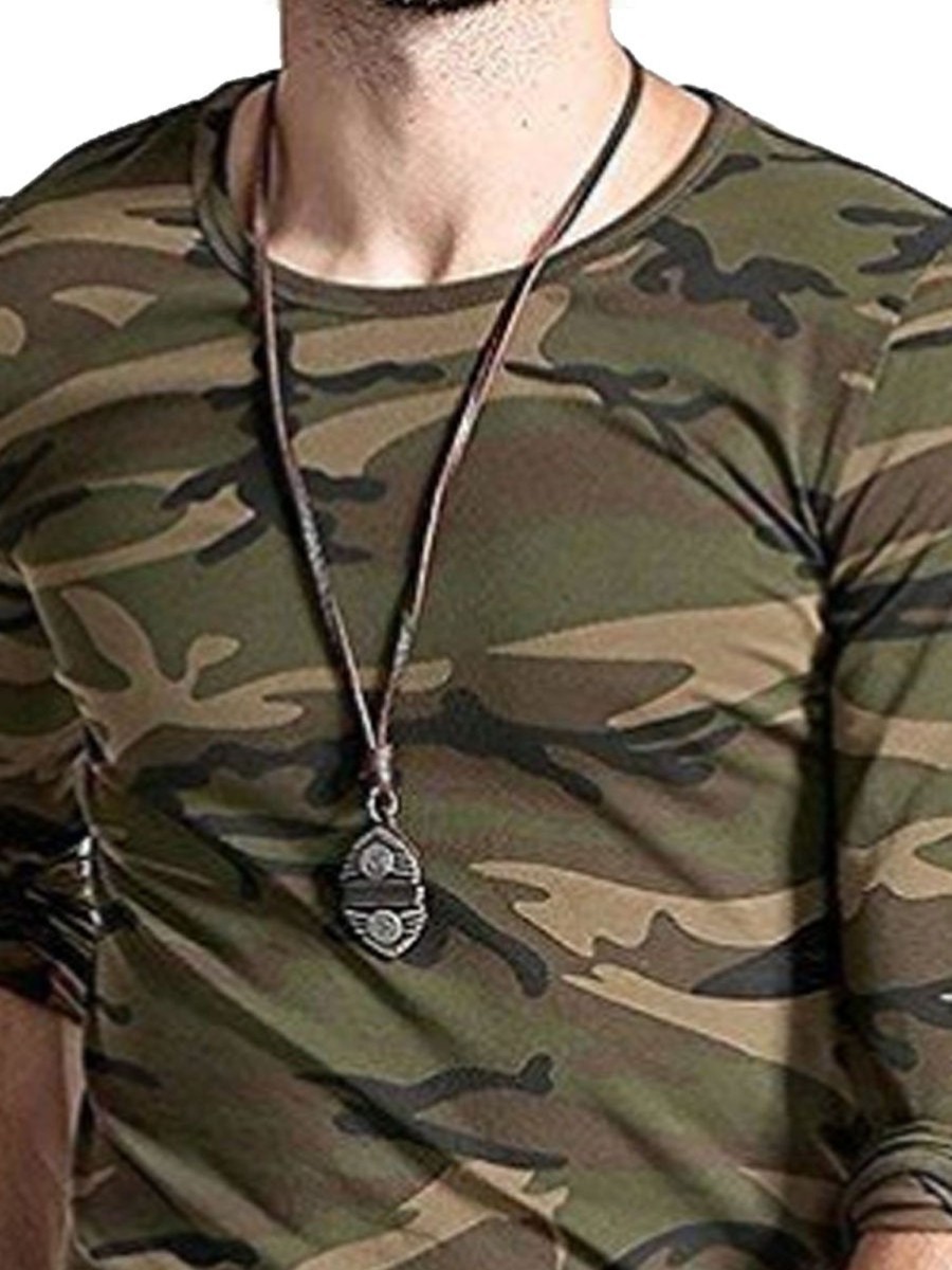 Men DJ Casual Shirts | Crew Neck Camouflage Print Casual Long Sleeve T-Shirt Army Green