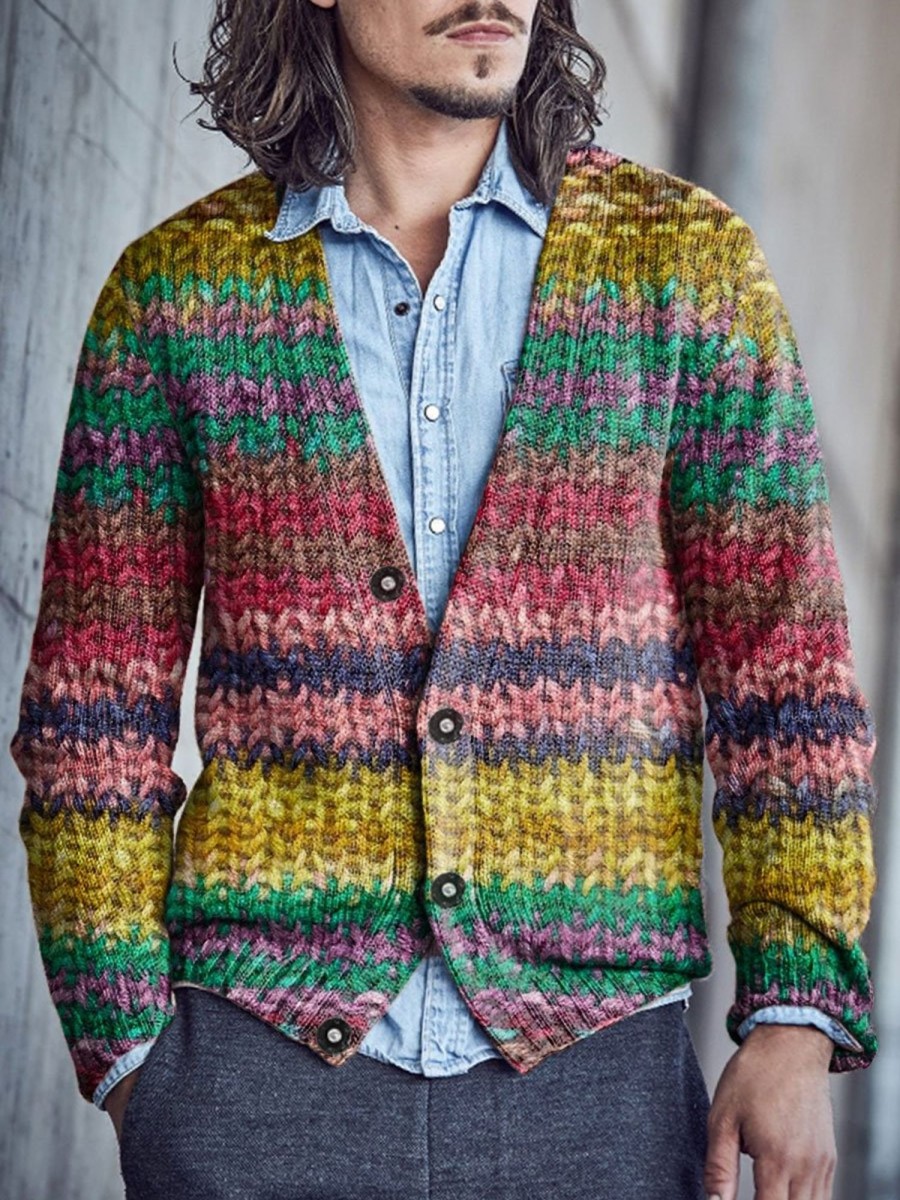 Men BXL Print Cardigan | Rainbow Gradient Knitted Single-Breasted Casual Cardigan Photo Color