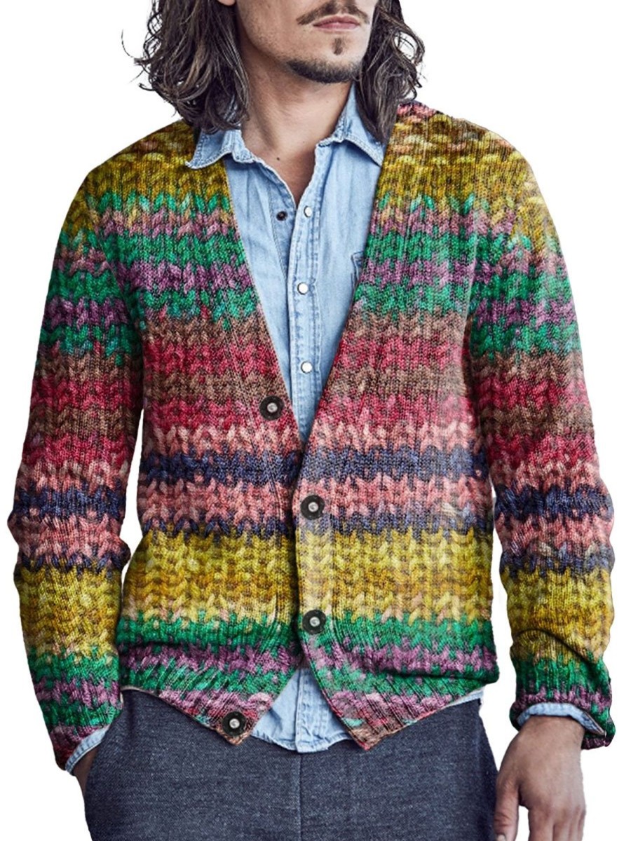 Men BXL Print Cardigan | Rainbow Gradient Knitted Single-Breasted Casual Cardigan Photo Color