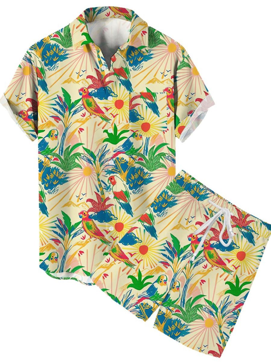 Men LJC Set | Tropical Parrot Print Short Sleeve Suit Photo Color