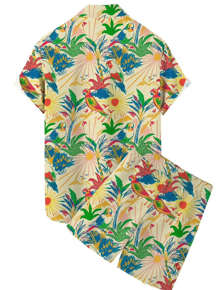 Men LJC Set | Tropical Parrot Print Short Sleeve Suit Photo Color