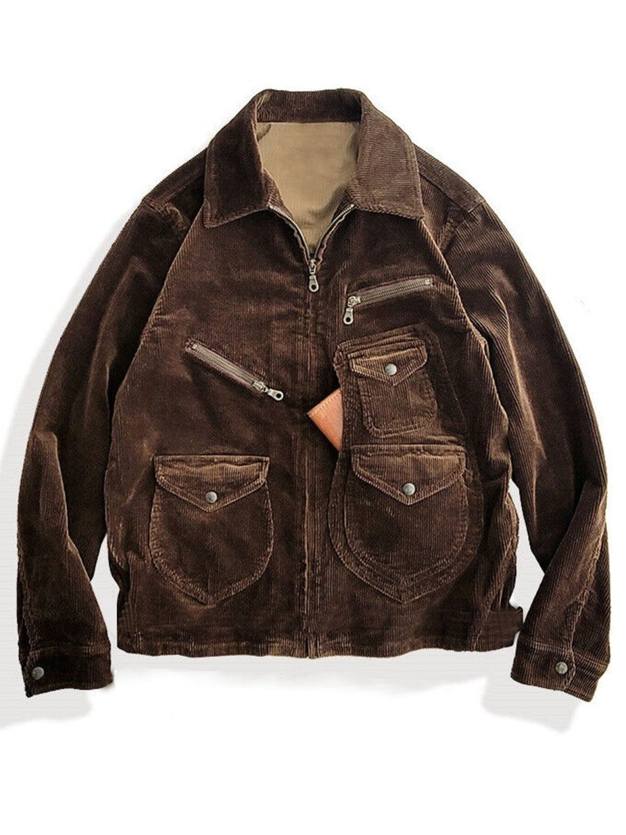 Men DJ Jacket | Vintage Corduroy Multi-Pocket Lapel Zipped Jacket Brown