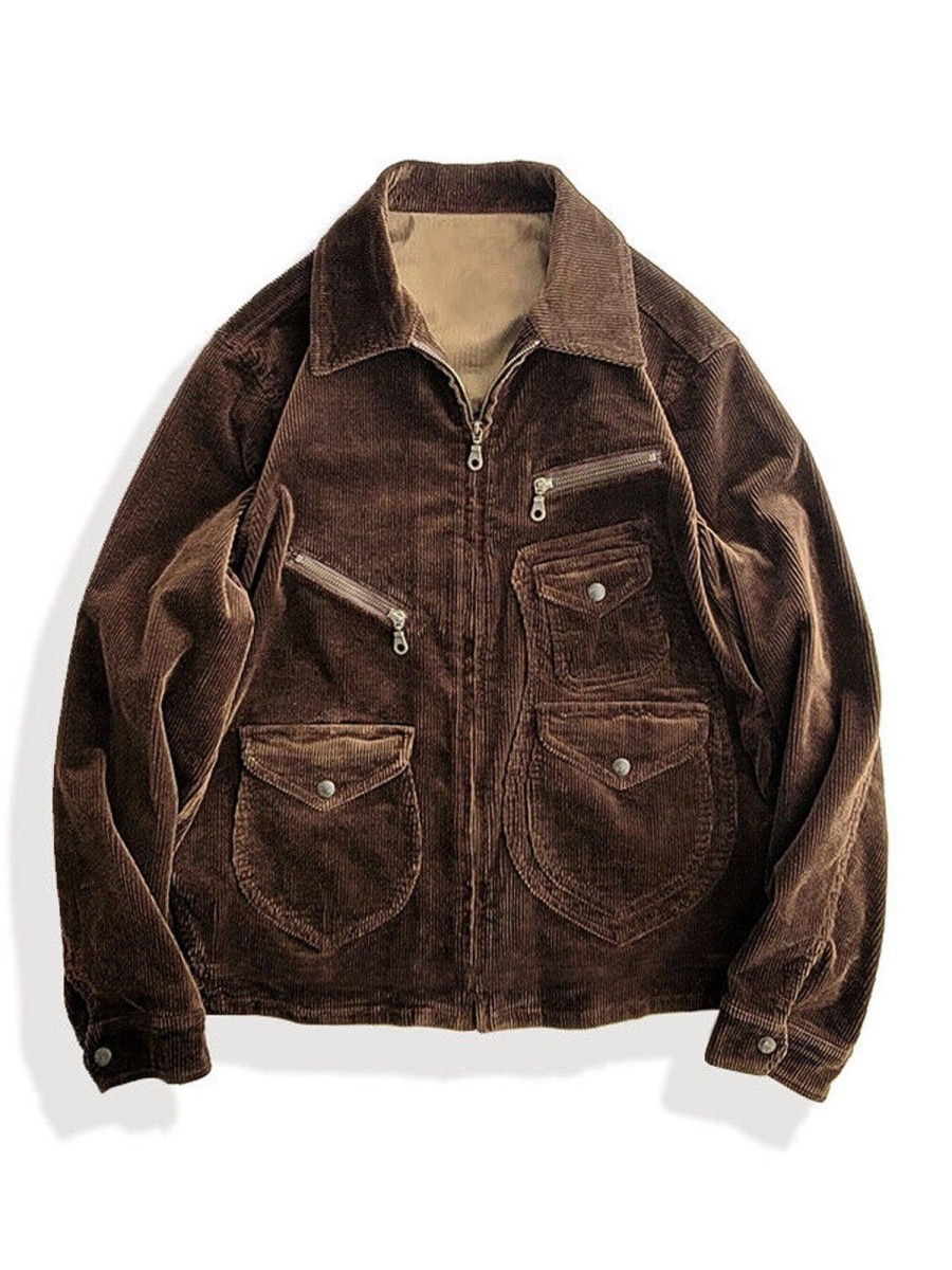 Men DJ Jacket | Vintage Corduroy Multi-Pocket Lapel Zipped Jacket Brown