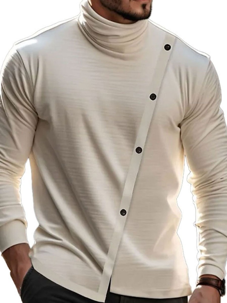 Men TH Casual Long Sleeve Shirts | Men'S Plain Turtleneck Button Long Sleeve T-Shirt Beige