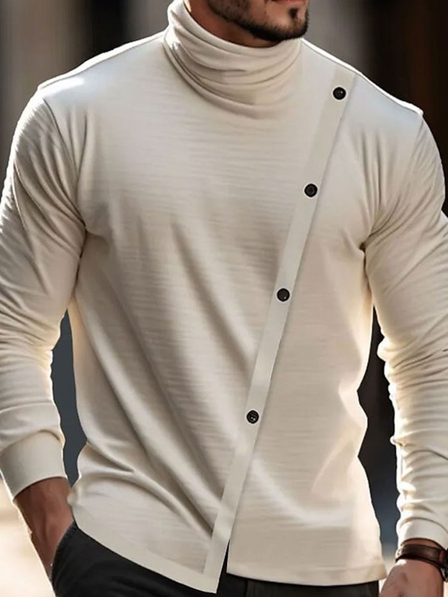 Men TH Casual Long Sleeve Shirts | Men'S Plain Turtleneck Button Long Sleeve T-Shirt Beige