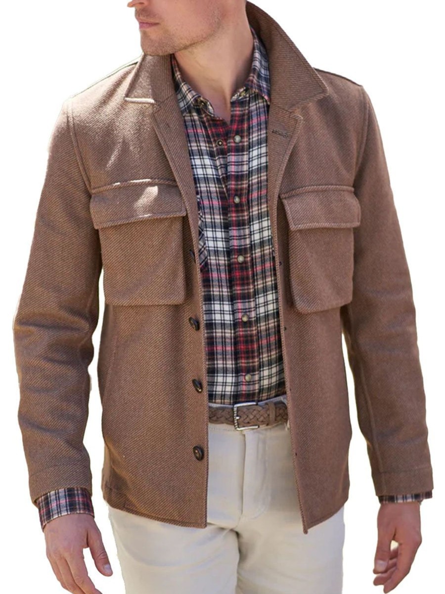 Men DJ Jacket | Solid Color Double Pocket Lapel Casual Jacket Brown