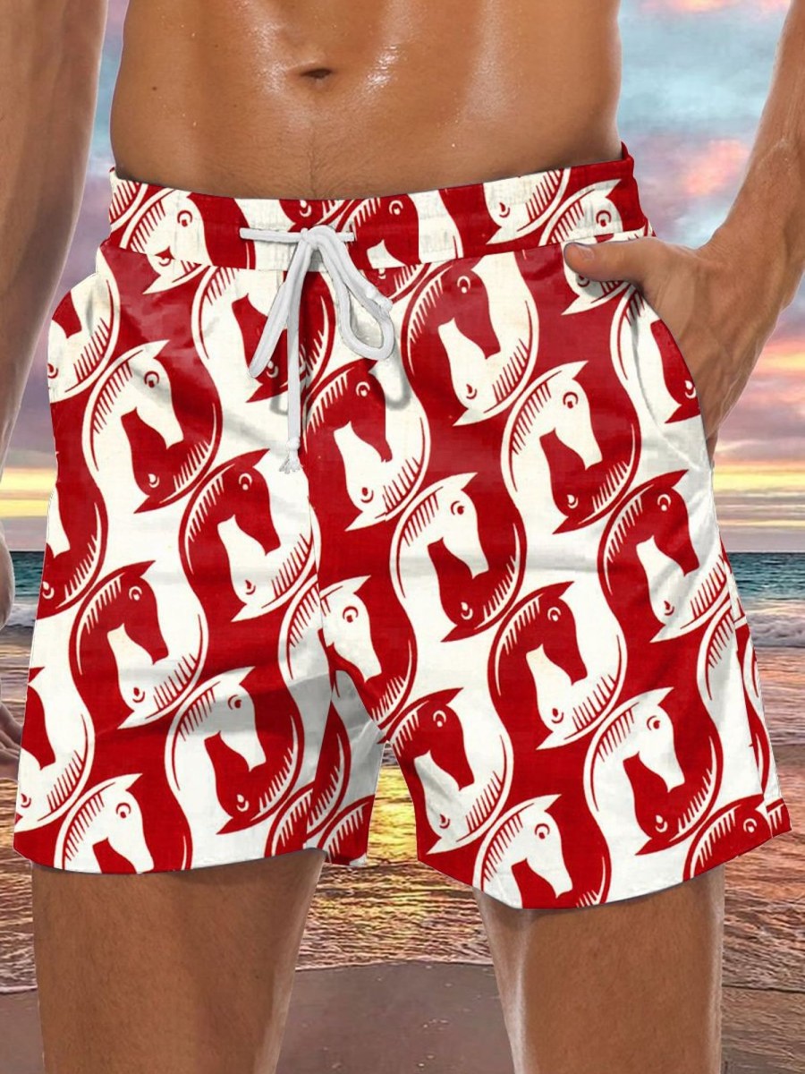 Men GYJ Shorts | Horse Print Drawstring Pocket Track Shorts Red