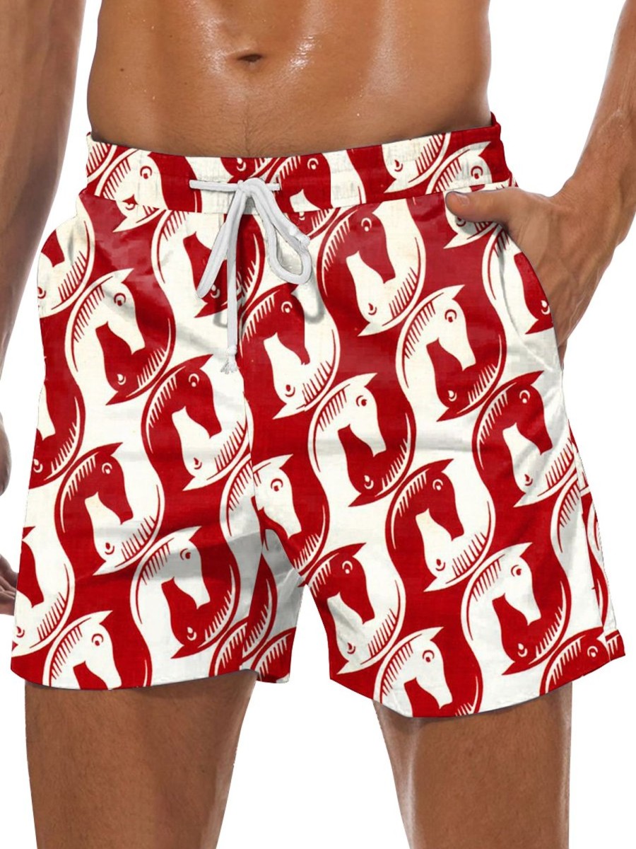 Men GYJ Shorts | Horse Print Drawstring Pocket Track Shorts Red