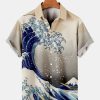 Men HLJ Shirts | Men'S Wave Print Casual Breathable Short Sleeve Shirt Khaki